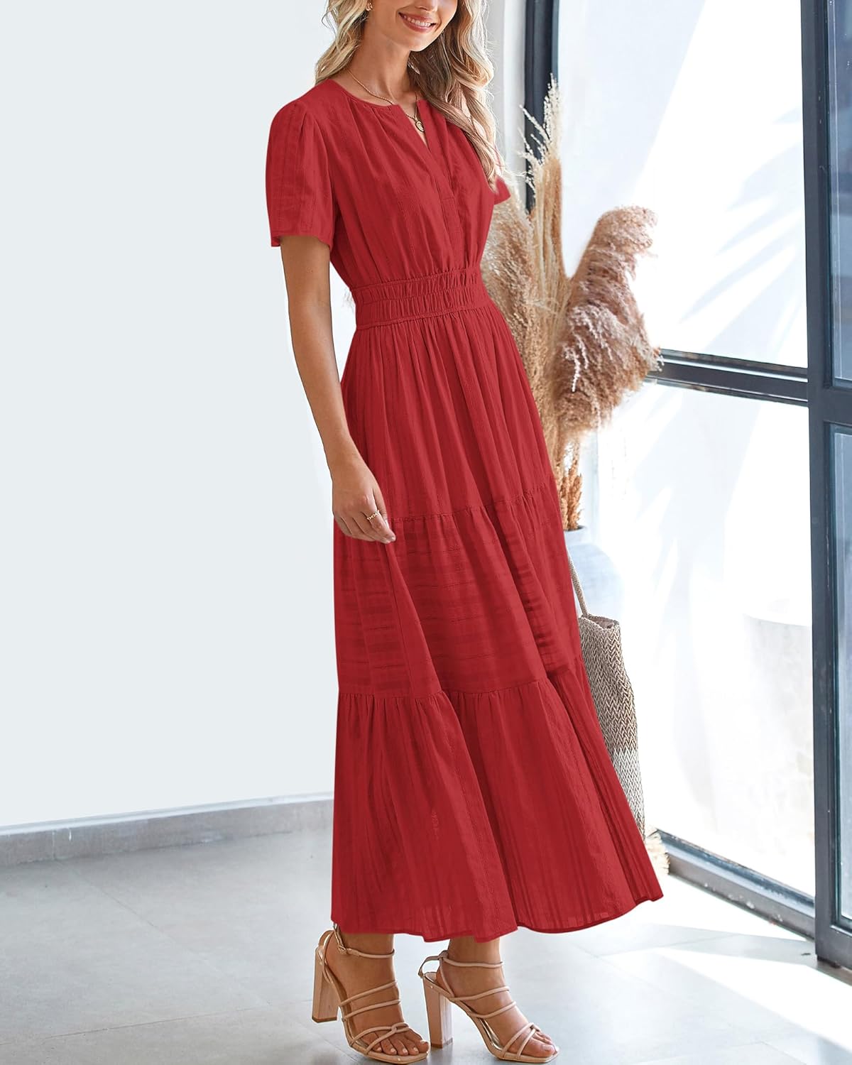 BTFBM Womens Summer 2026 Casual Midi Maxi Dresses Lightweight Short Sleeve V Neck Elastic Waist Boho Beach Dress Pockets - Image 7