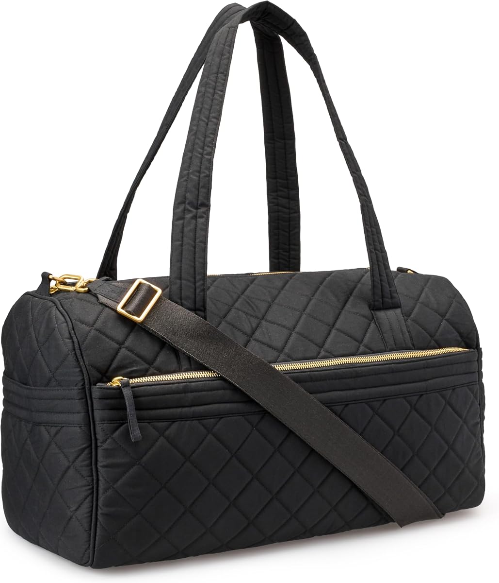 Women's Quilted Weekender Duffel Gym Bag with Trolley Sleeve, Black, One Size