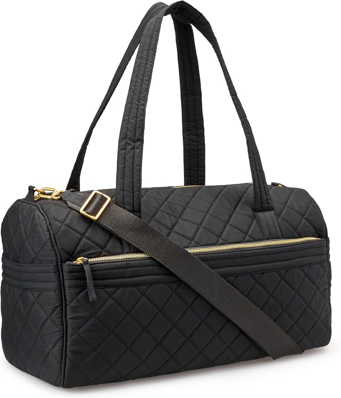 Women's Quilted Weekender Duffel Gym Bag with Trolley Sleeve, Black, One Size