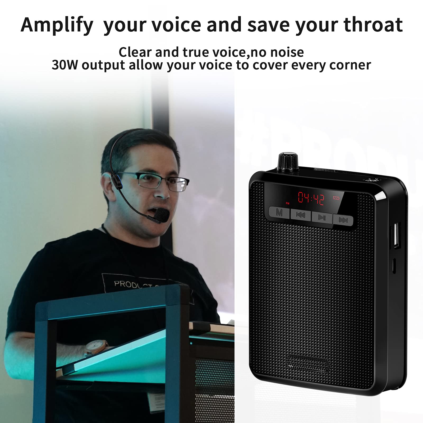 Amplificador de voz, mini micrófono portátil profesional  amplificador altavoz recargable con cable micrófono, auriculares personales para profesores, aula, reuniones al aire libre, guías 3