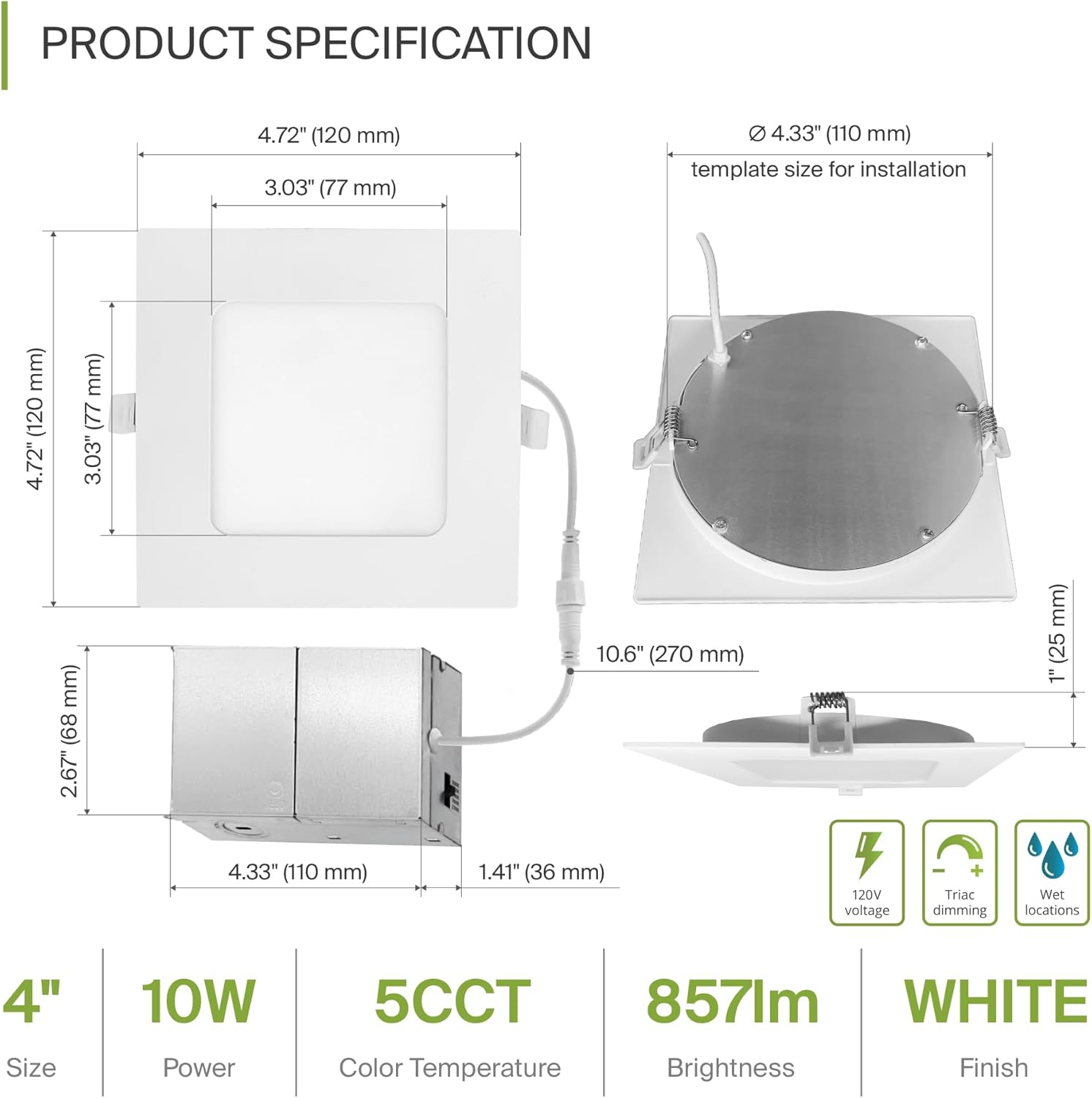 ASD 6 Pack LED Square Recessed Lighting 4 Inch with Round Back, 5CCT 2700K-5000K CRI90+, Ultra-Thin IC Rated Dimmable Ceiling Lights with Junction Box, Canless Wafer Downlight, ETL Energy Star, White