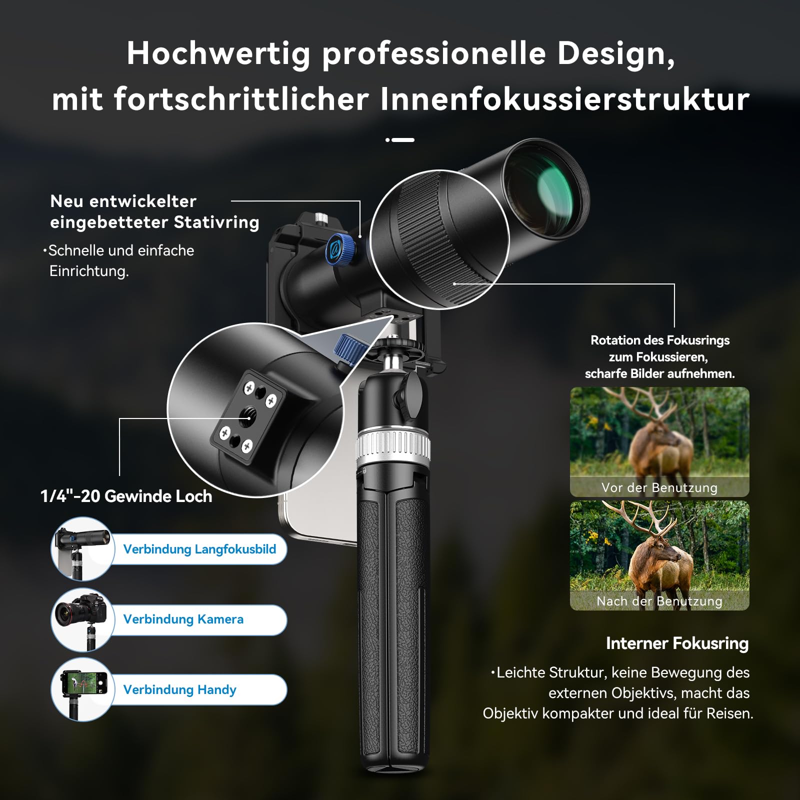 Evil Eye 30X Handy Teleobjektiv mit Stativ, 4K HD Teleobjektiv für Smartphone, Metallrahmen & 30X Zoom, Kompatibel mit iPhone & Android, Ideal für Reise- & Sportfotografie