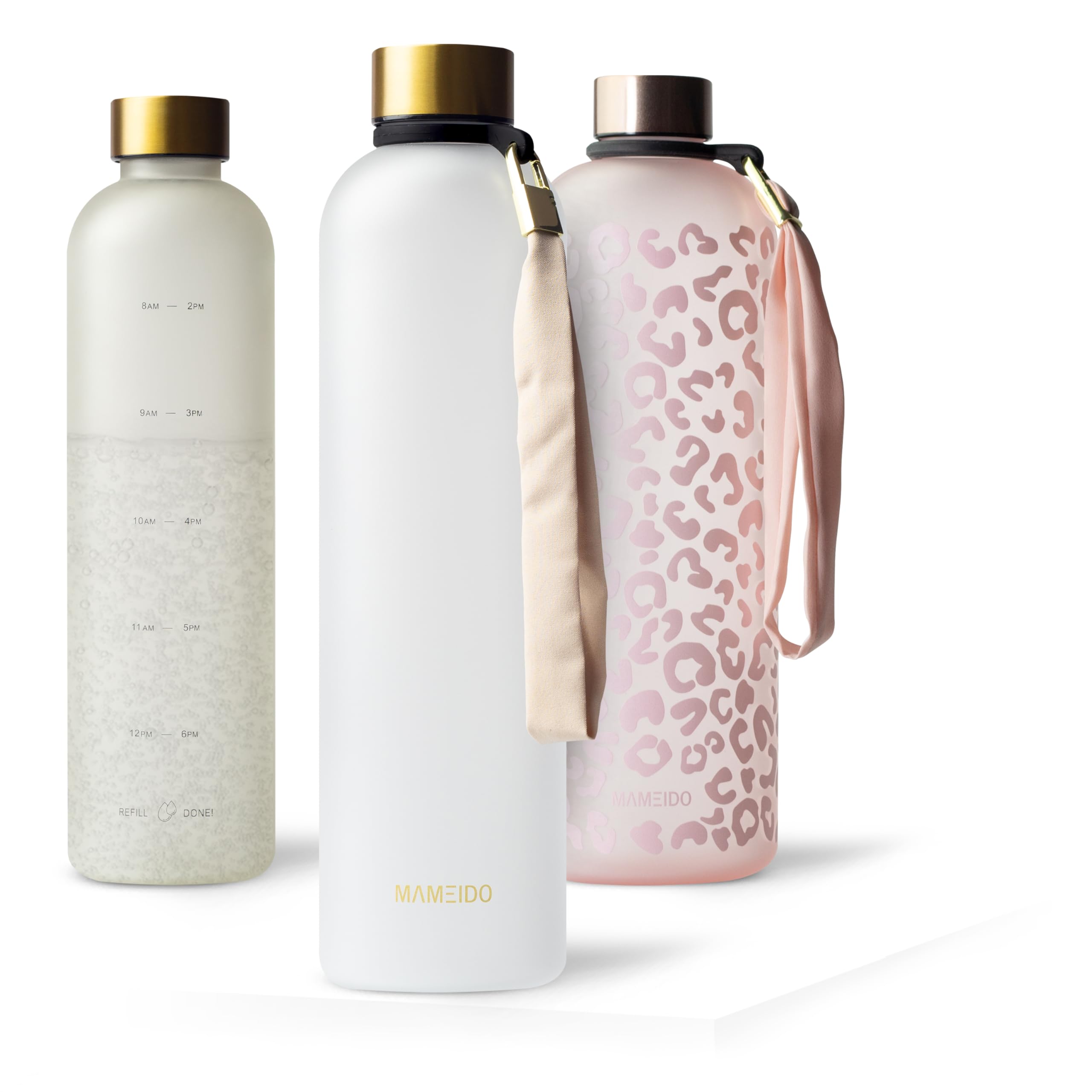 MAMEIDO Bottiglia acqua 1 litro - Borraccia plastica tritan a tenuta stagna, senza BPA - bottiglia motivazionale con orario (Frosted White Gold)