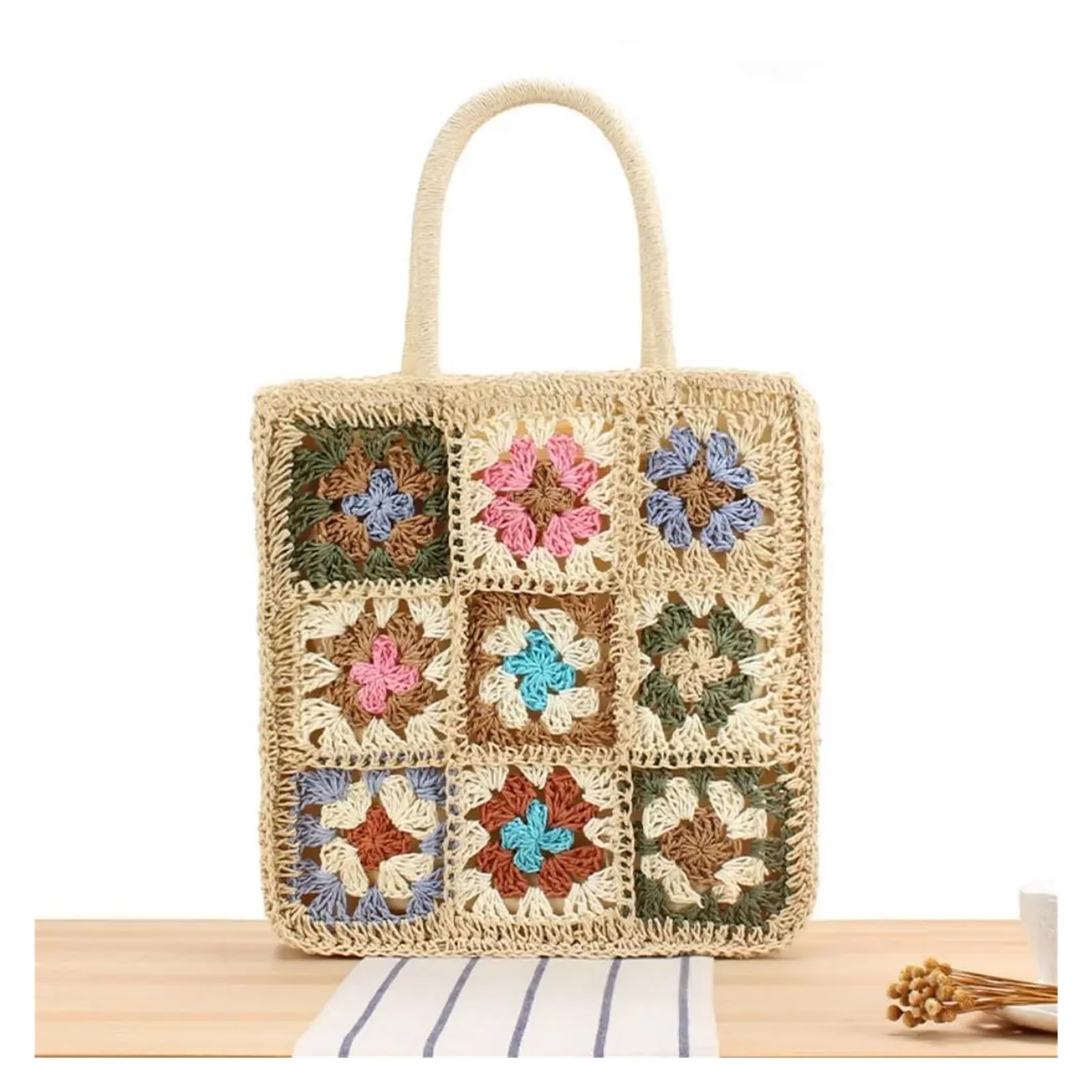 Bolso Ganchillo Flores Bolso de mano de gran capacidad tejido a mano con flores de ganchillo, bolso de paja tejido a mano, portátil