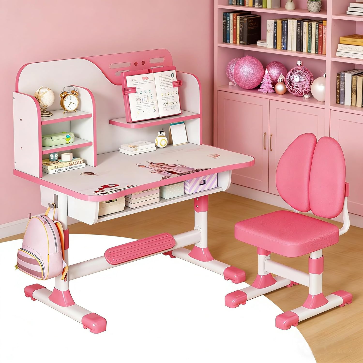 Kids Desk and Chair Set for 3-18 Years Old, Ergonomic Kids Study Desk Chair Set, Height Adjustable Children School Study Table Chairs Set with Bookshelf Pink