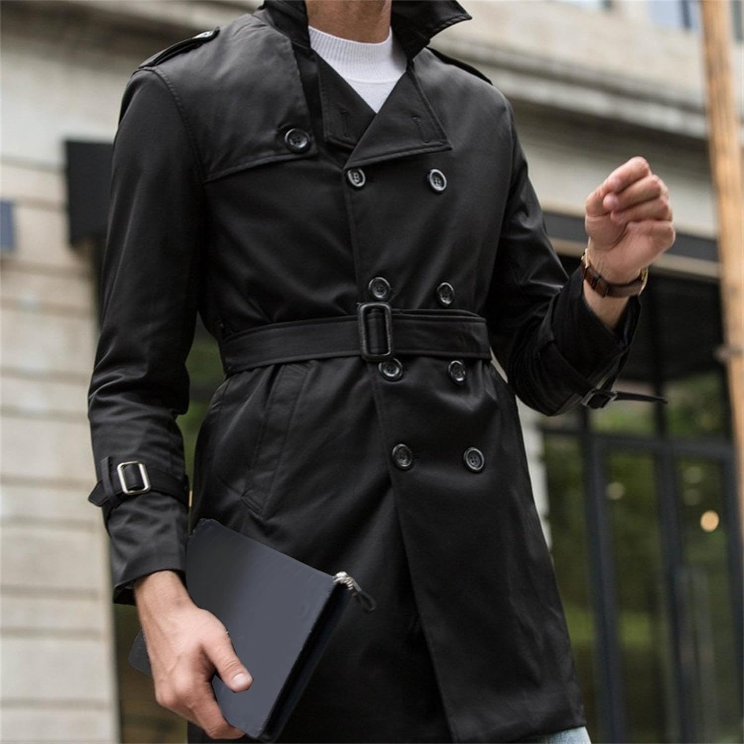 Maiyifu-GJ Men's Double Breasted Trench Coat Mid-Long Jackets Notched Lapel Belted Windbreaker Casual Fall Overcoat