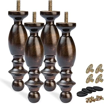 6 inch / 16cm Wooden Furniture Legs, Pack of 4 Classic Walnut Solid Wood Turned DIY Replacement Bun Feet with M8 Hanger Bolts & T-Nuts for Sofa Couch Cabinet Ottoman Bed Riser