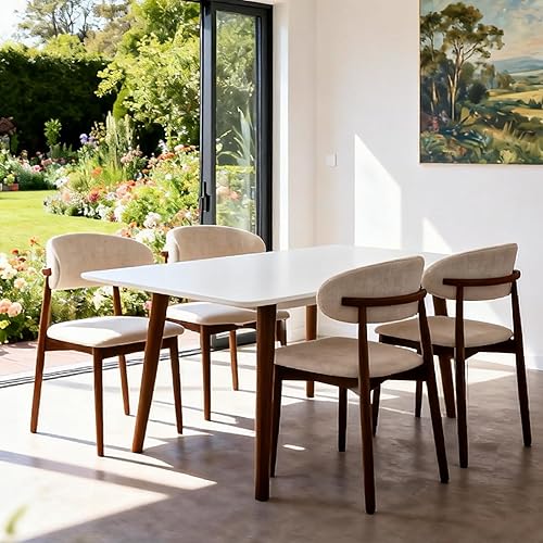 Modern Mid-Century Dining Chairs Set of 2, Cream Upholstered Fabric with Wooden Legs, Kitchen and Living Room Side Chairs
