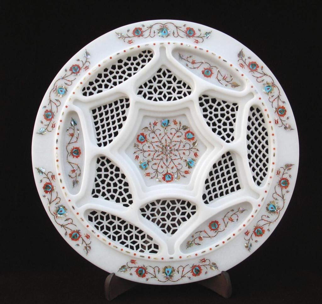 R&M Rameshwaram Marble White 12 inch Inlay Design Marble Decorative Plate for Home Office Hotels Decoration