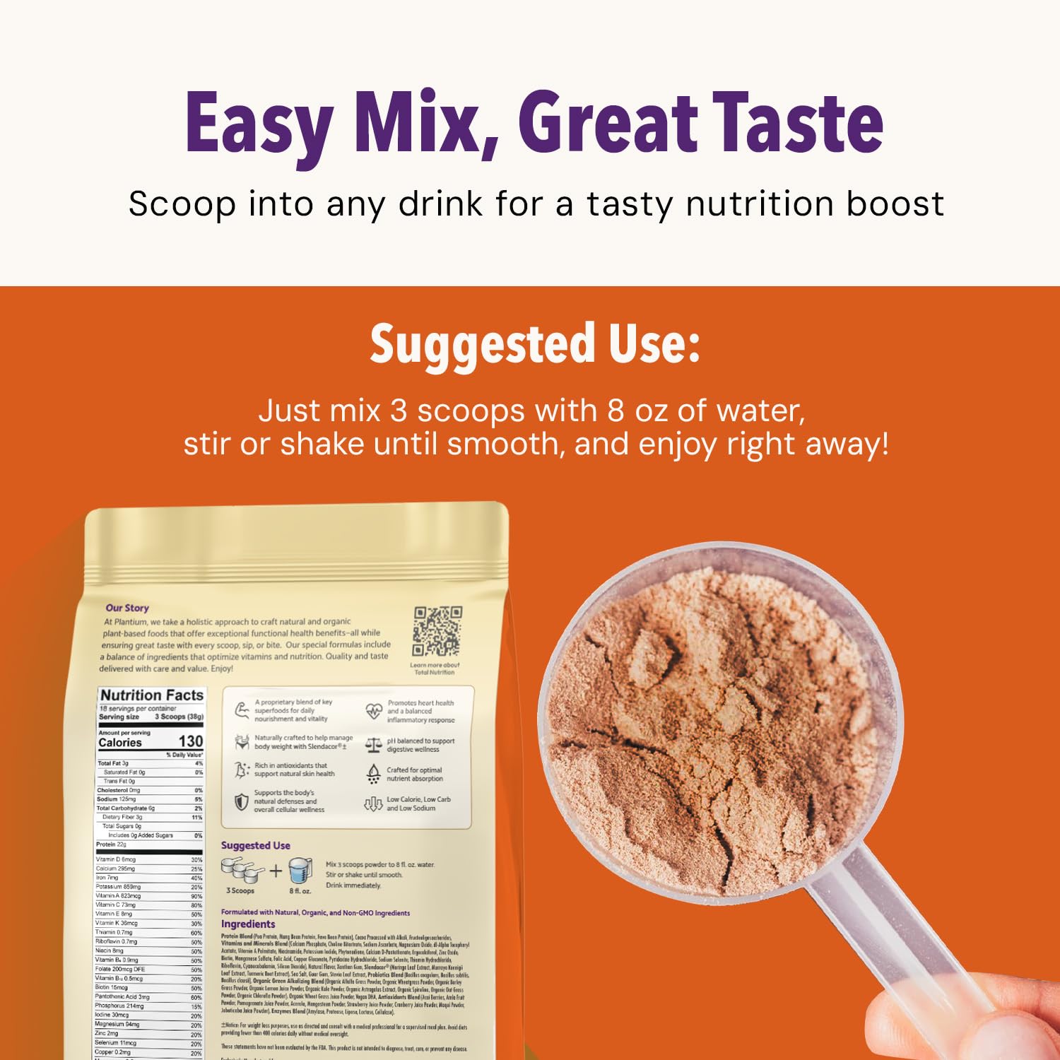 Plantium Total Nutrition, Premium All-In-One Meal Replacement Shake, Plant-Based Protein Powder with Vitamins, Minerals & Probiotics, 22g Protein per Serving, Chocolate