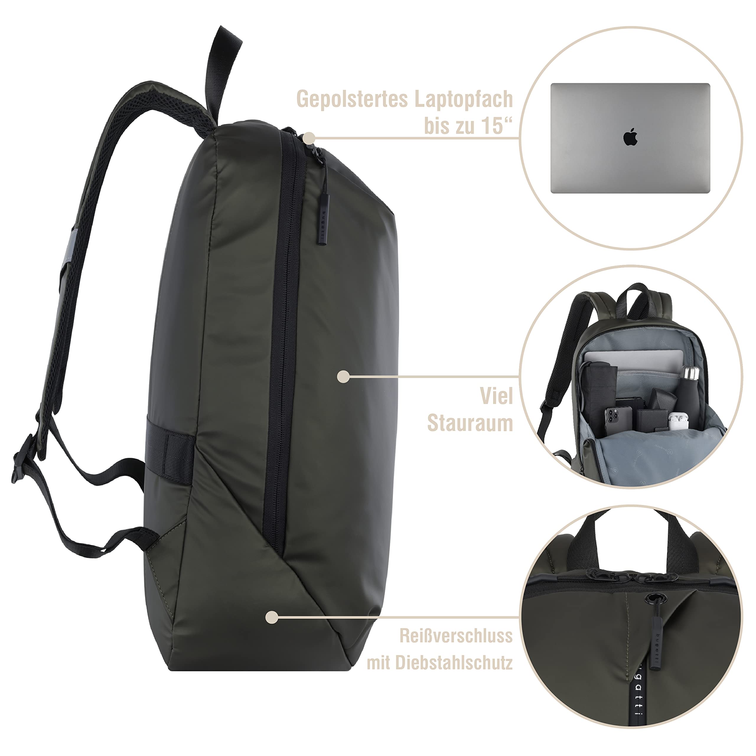 bugatti Blanc Zaino Porta PC 15 Pollici, Grande - Oliva