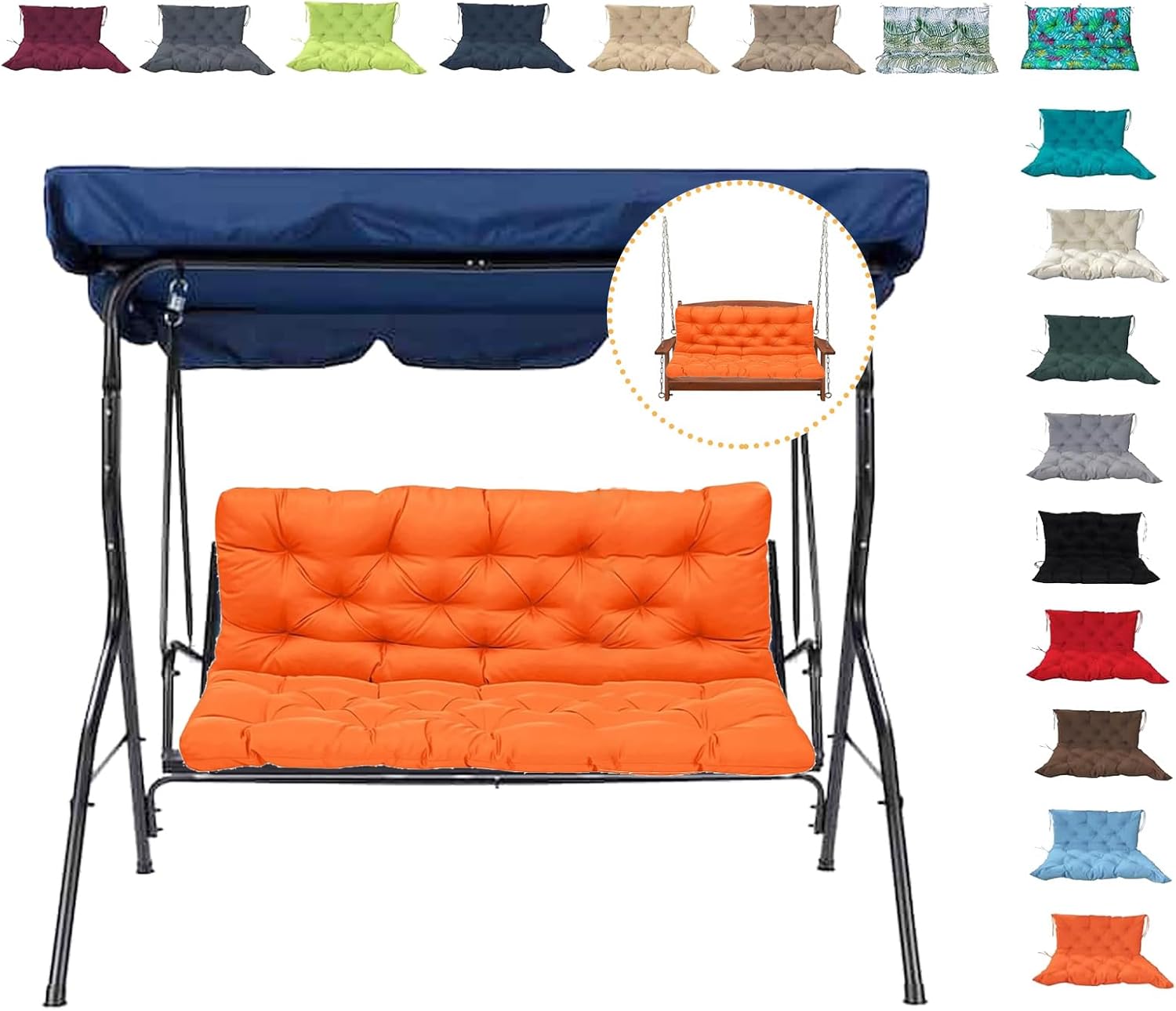Swing Cushions for 2-3 Seater - 47" x 40" Outdoor Porch Swing Cushions with Backrest, Waterproof, Orange