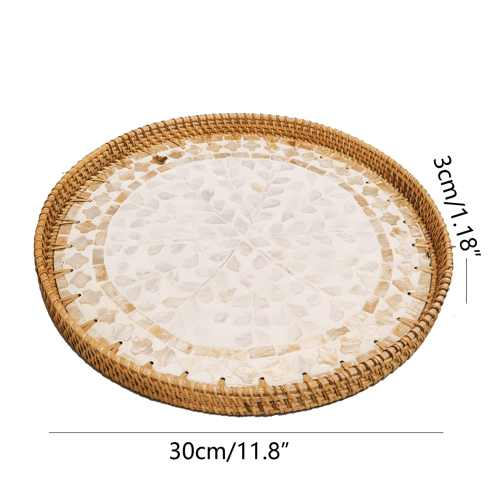 Exxacttorch 12 Inch Rattan Round Serving Basket with Beige MOP Wooden Base, Large Wicker Ottoman Basket Tray with 1”Side, Woven Basket Bowl Plates for Home Décor, Coffee Table, Display, Brown