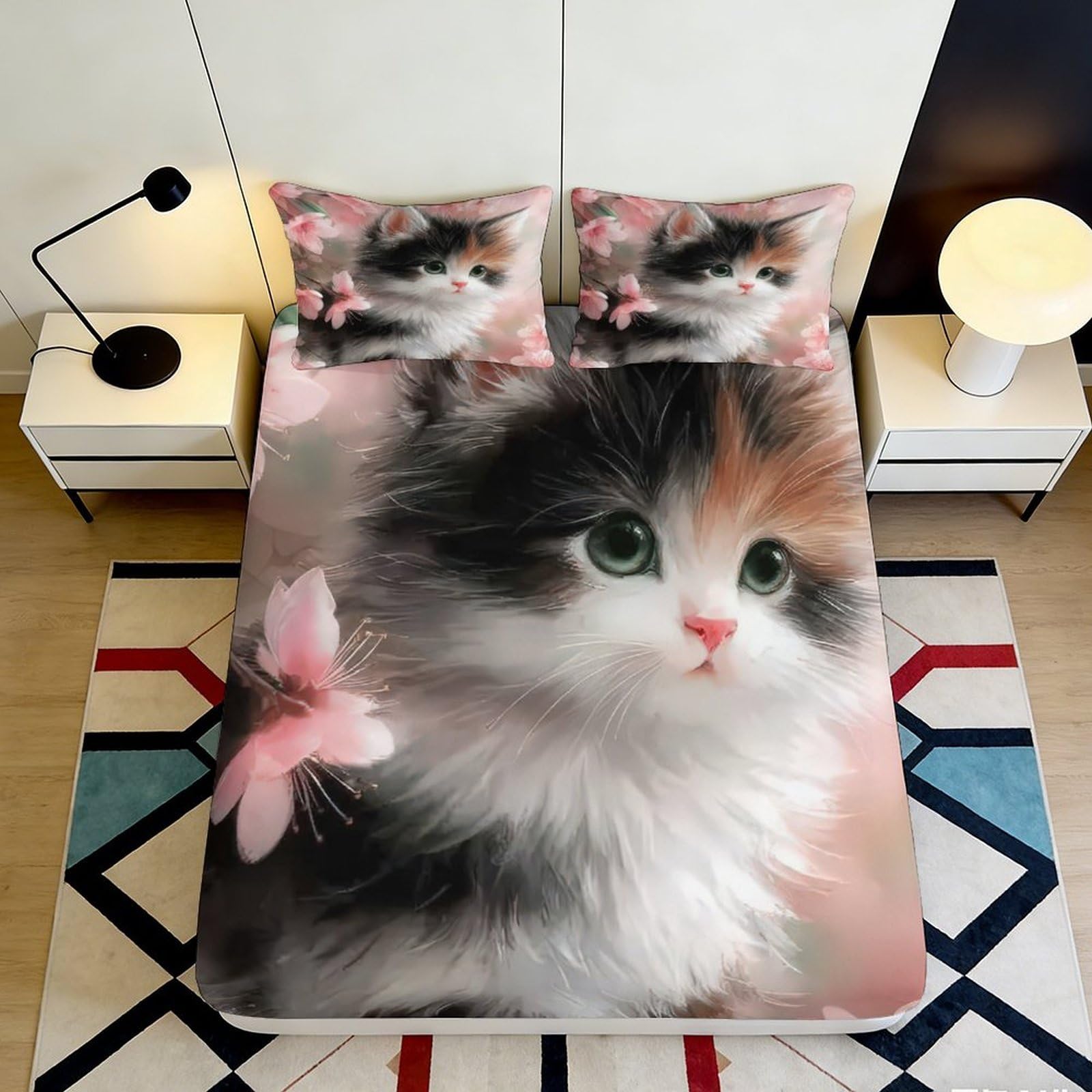 3D Printed Cute Kitten Fitted Sheet Microfiber Pink Butterfly Mattress Cover Non-slip Easy Care for Bedroom Guest Room Decor 90x200x25cm