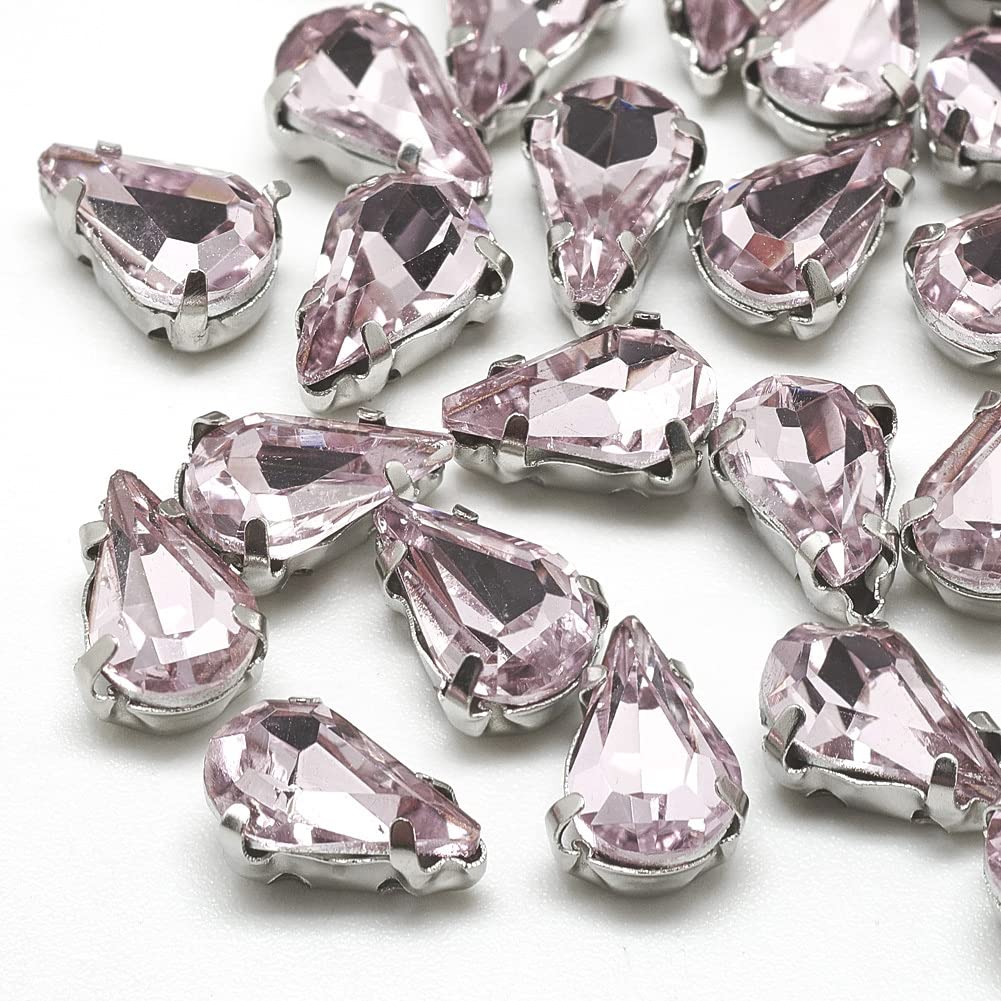 PandaHall 50pcs Teardrop Sew on Rhinestone Crystal Glass Claw Rhinestones with Hole Platinum Prong Setting Flatback Claw for DIY Dress Clothes Shoes Bag Decorations(Pearl Pink)