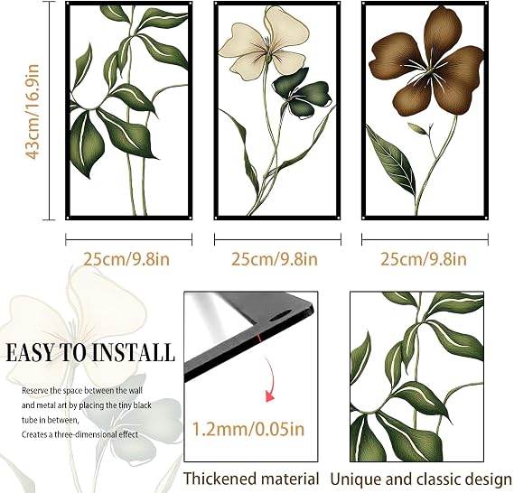 Pduoduo 3 Pcs Metal Flowers Wall Arts,Colourful Modern Minimalist Flower Wall Decors，Floral Line Hanging Wall Sculpture,Exquisite Art Deco for Living Room,Bedroom,Office Study