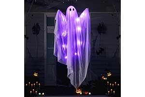 Halloween Hanging Light Up Ghost with Spooky Purple LED Light