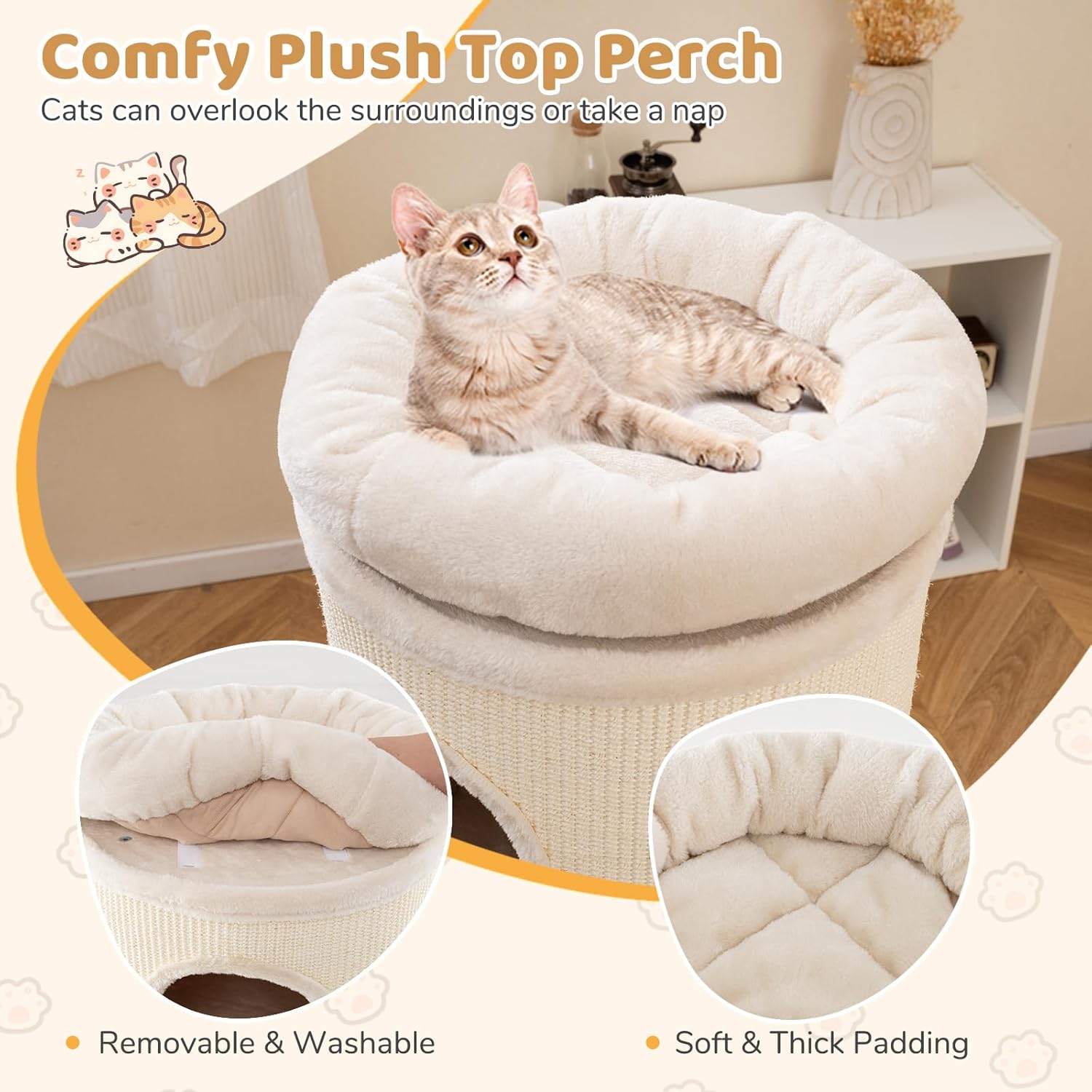 PETSITE 4-Story Cat Tree Condo, 49 Inch Multi-Level Barrel-Shaped Cat House with Sisal Scratching Pad, 3 Hideaways, Removable Soft Top Plush Bed, Ideal for Indoor Cats