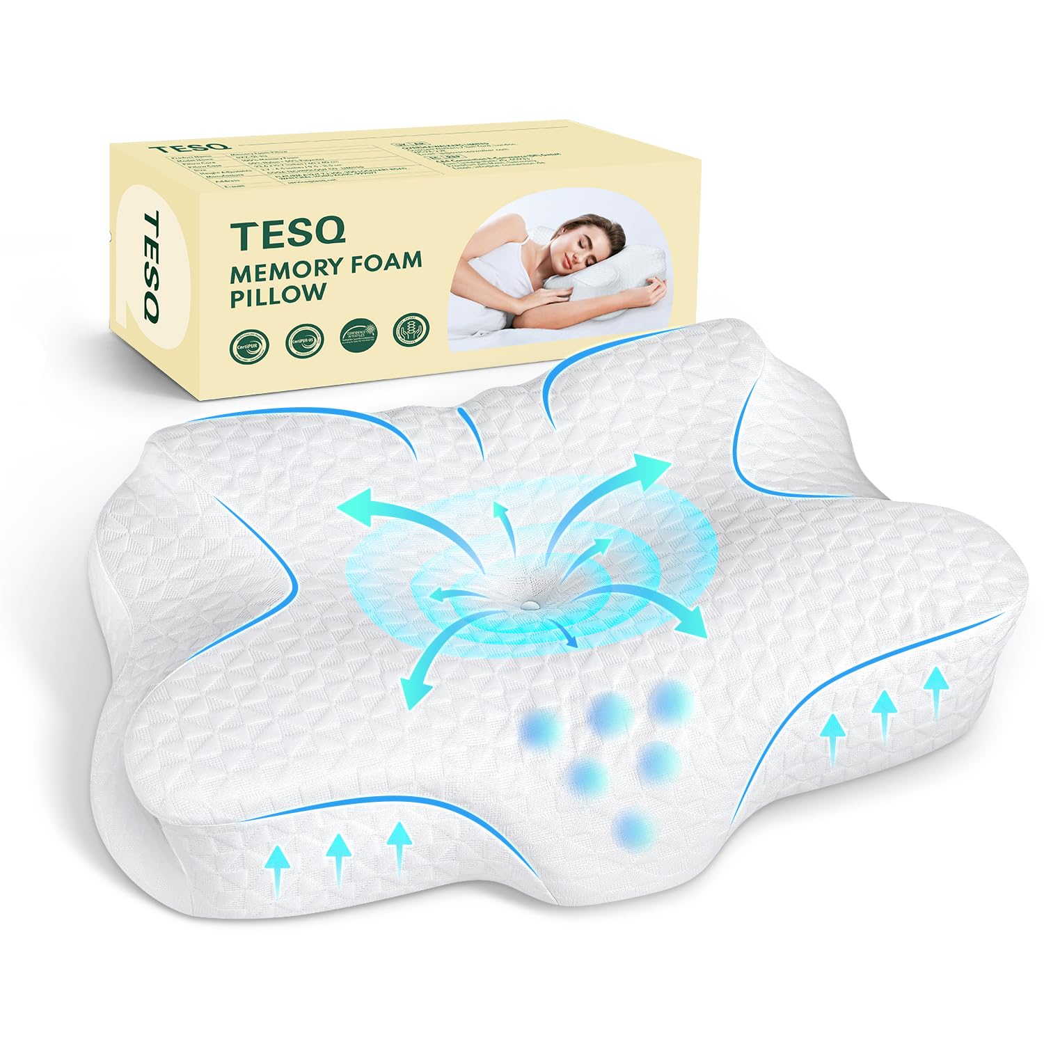 TESQ Ergonomisches Nackenkissen, 2-in-1 Memory Foam Kissen für Nacken, Kissen zum Schlafen auf der Seite und auf dem Rücken, 60 x 40 x 9/12 cm, Weiß