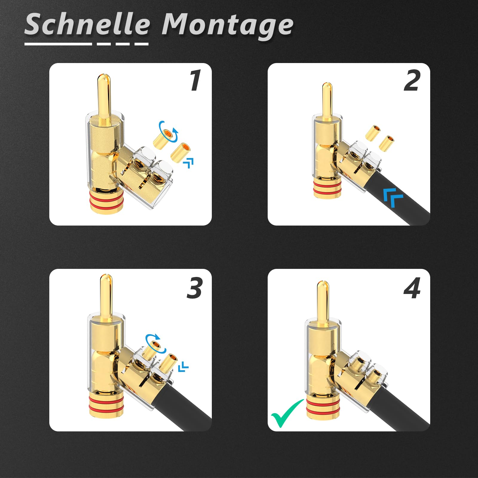 Monosaudio BA1403G Winkel-Bananenstecker, 24K Vergoldet, 8er Pack
