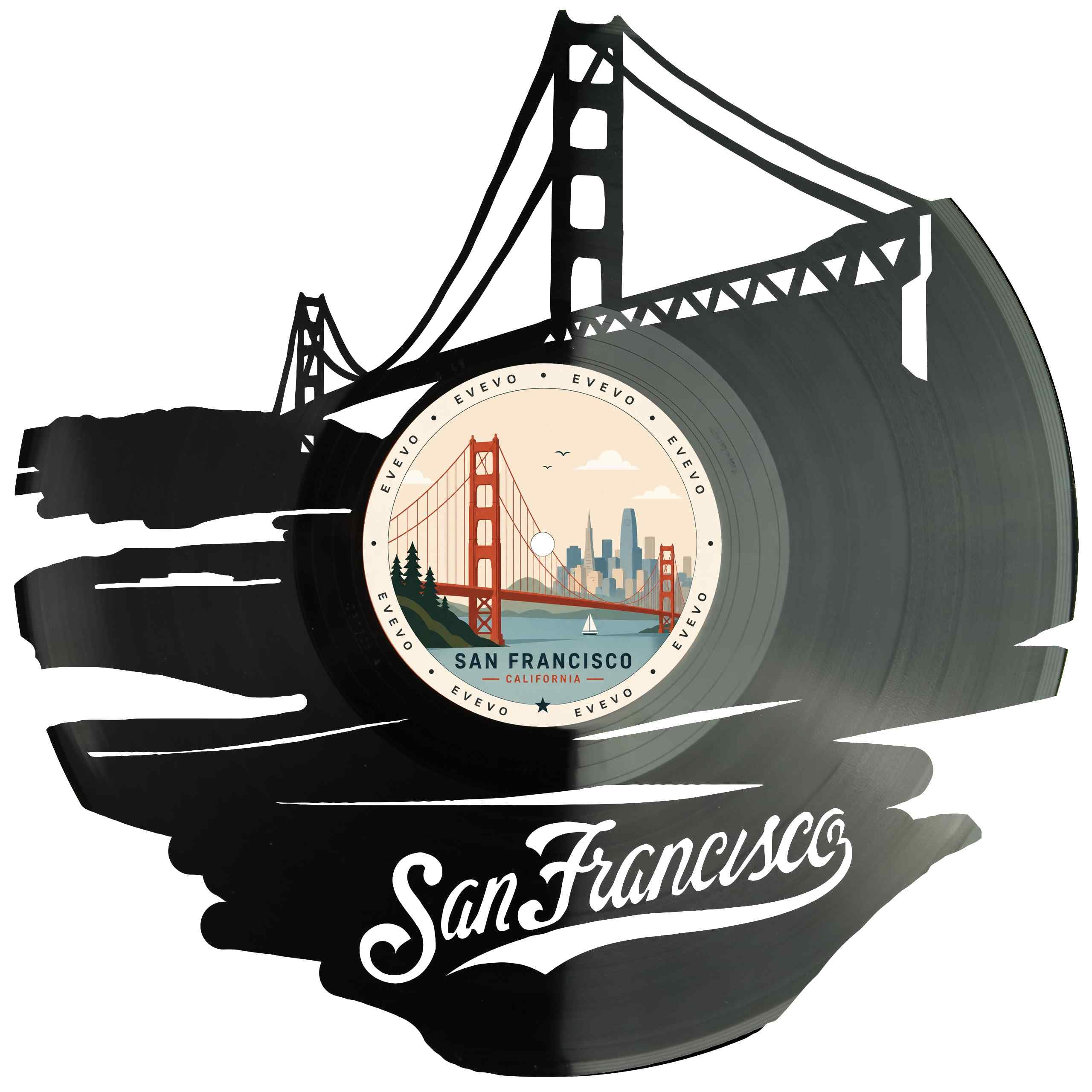 EVEVO Dekoracja ścienna z płyty gramofonowej San Francisco - winylowa sztuka ścienna USA panorama prezent dla fanów Kalifornii miłośników San Francisco D0016
