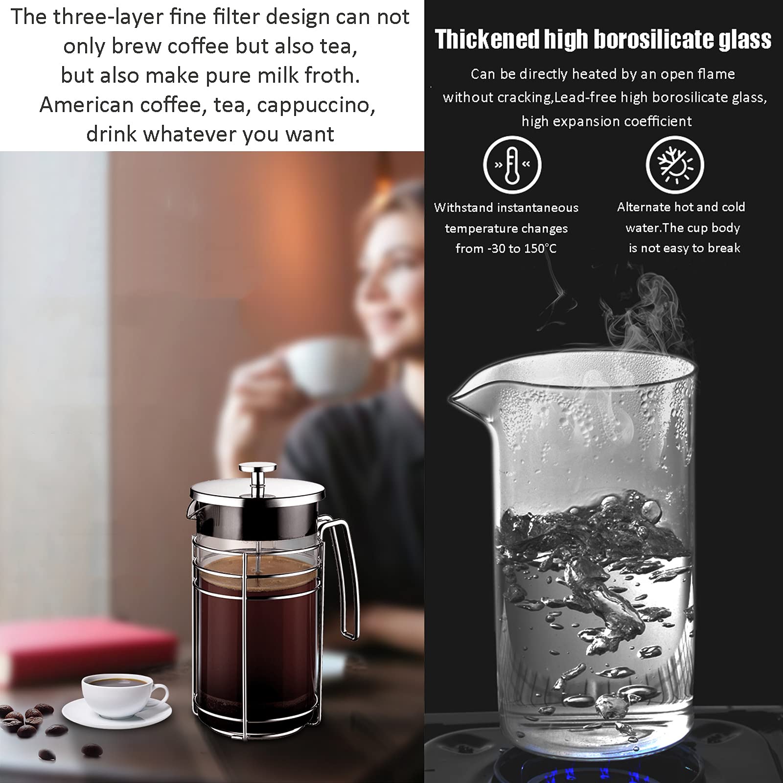 French Press ekspres do kawy, ze stali nierdzewnej i żaroodpornego szkła borokrzemowego, 4-warstwowy system filtracji, kawiarnie dla dobrej kawy w domu i biurze, mosiądz, 1000 ml