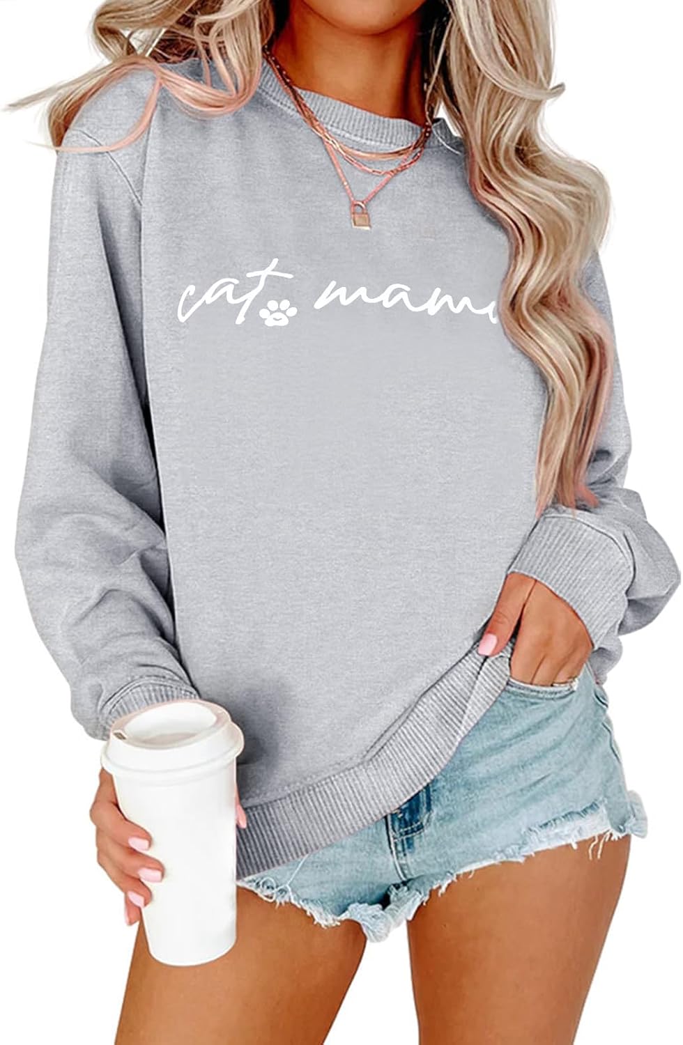 Women's Crewneck Sweatshirts Loose Fit Cat Mom Long Sleeve Shirts Funny Fall Pullover Sweatshirt Blouse