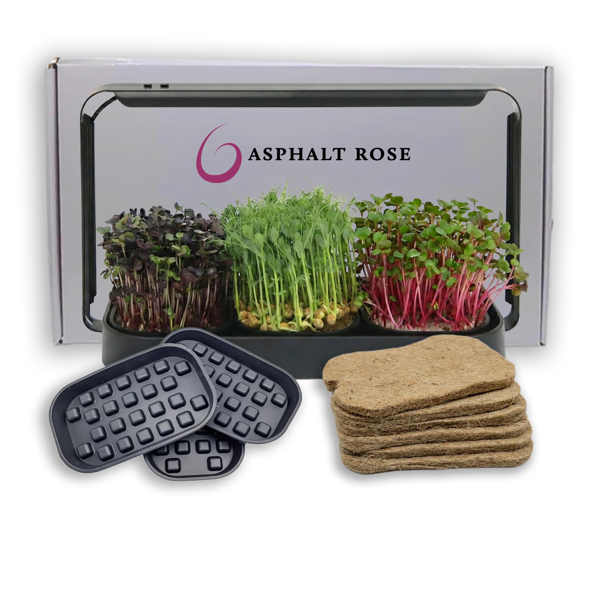 Microgreens Zestaw do uprawy w pomieszczeniach, do użytku wewnątrz i z oświetleniem LED, 3 mikrozielone tace do uprawy, 6 mat jutowych, zestaw do uprawy w pomieszczeniach i zestaw do
