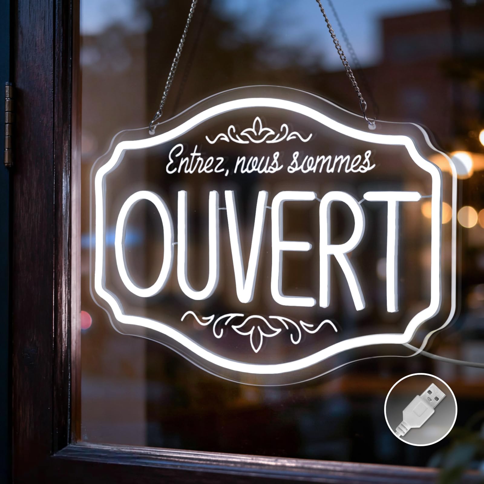 OUVERT Neon Schild, Nous sommes ouverts LED Schild für Geschäfte, weiße LED Neonleuchte für Bars, Restaurants, Supermärkte, Cafés, USB Neon Hängeschild Geöffnet für Tür und Fenster