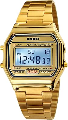 Mens Digital Gold Stainless Steel Square Watch Backlit Multifunction Stopwatch Waterproof Sport Watches