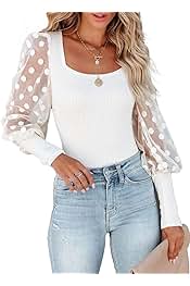 Womens Tops Square Neck Polka Dot Balloon Long Sleeve Top...