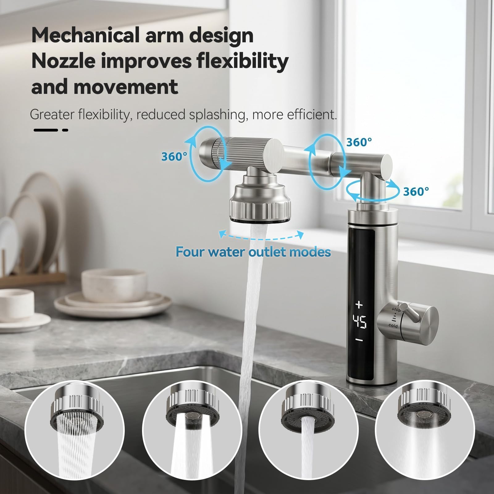 Wasserhahn mit Durchlauferhitzer, Warmwasserhahn Dlektrisch, Elektrischer Heiß- und Kaltmischer Wasserheizhahn mit digitaler Anzeige, 230 V Edelstahl Wasserhahn mit 360° drehbarem (Sliver)