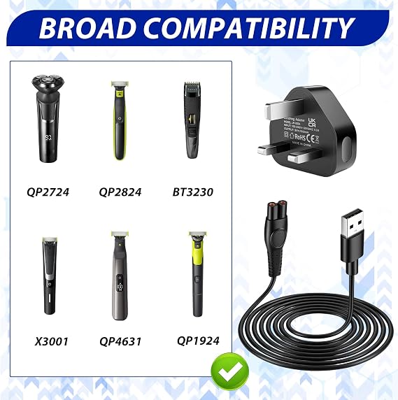 5V Charger Power Adapter Cable - Compatible with Philips One Blade & Series Electric Shavers QP2824/QP2724/QP2834/QP1924/MG5910/MG7910/MG9510/3000X/5000X & More, Includes a Brush