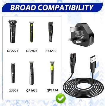 5V Charger Power Adapter Cable - Compatible with Philips One Blade & Series Electric Shavers QP2824/QP2724/QP2834/QP1924/MG5910/MG7910/MG9510/3000X/5000X & More, Includes a Brush