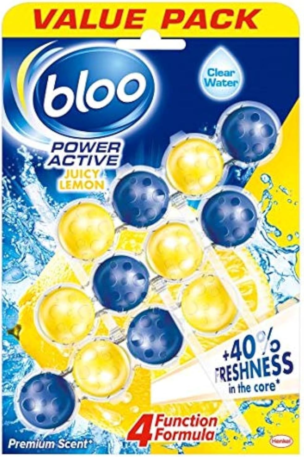 Bloo Solid Toilet Rim Block Power Active Lemon | 4 in 1 Toilet Cleaners with Anti-Limescale, Cleaning Foam, Dirt Protection and Extra Freshness | Trio Value Pack 3x50g Toilet Block