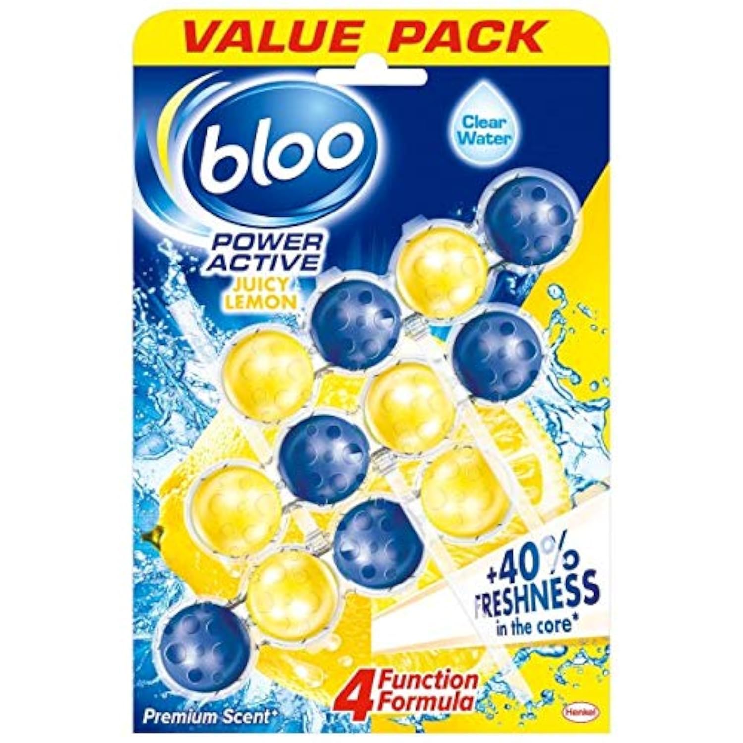 Bloo Solid Toilet Rim Block Power Active Lemon | 4 in 1 Toilet Cleaners with Anti-Limescale, Cleaning Foam, Dirt Protection and Extra Freshness | Trio Value Pack 3x50g Toilet Block