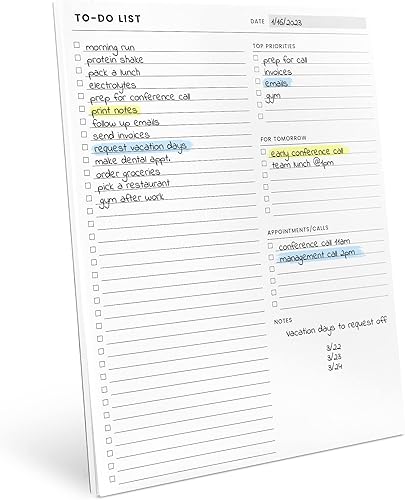 Bloc de notas de la lista de tareas Con múltiples secciones funcionales - Tamaño grande 8.5x11" 52 hojas - Cuaderno planificador diario desprendible