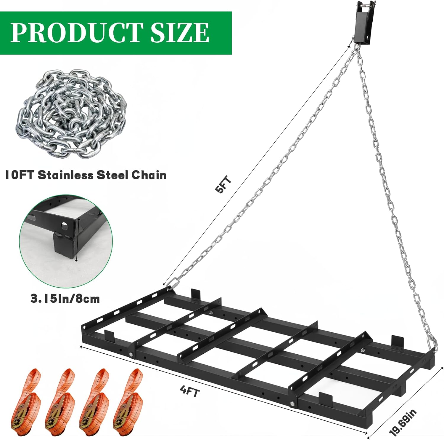 4 FT Drag Harrow Driveway Drag, Heavy Duty Driveway Gravel Leveler with Adjustable Weight Bars, Tow Behind Lawn Rake for Gravel, Soil, Hay