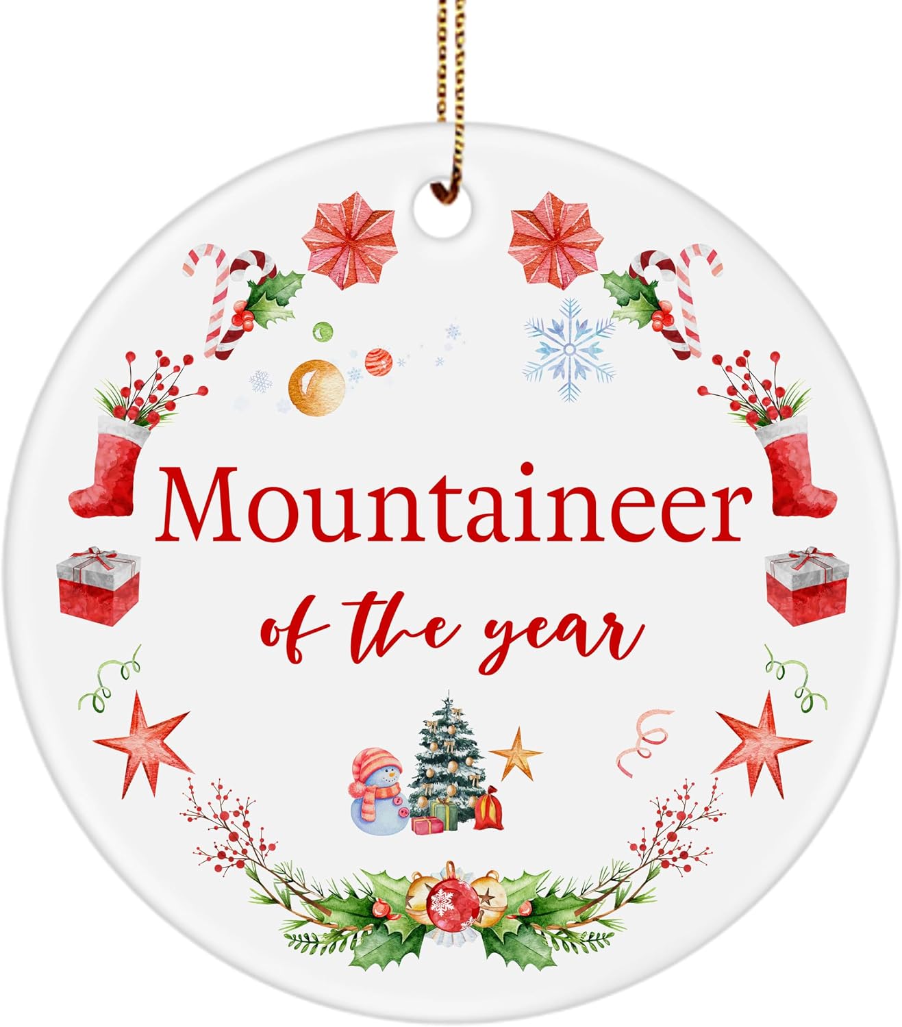 Mountaineer of The Year Ornament Gifts for Christmas Tree - Appreciation, Thank You Gifts for Climber Staff Employee Boss Manager - Party Decor, New Year - 3-Inch Round Ceramic