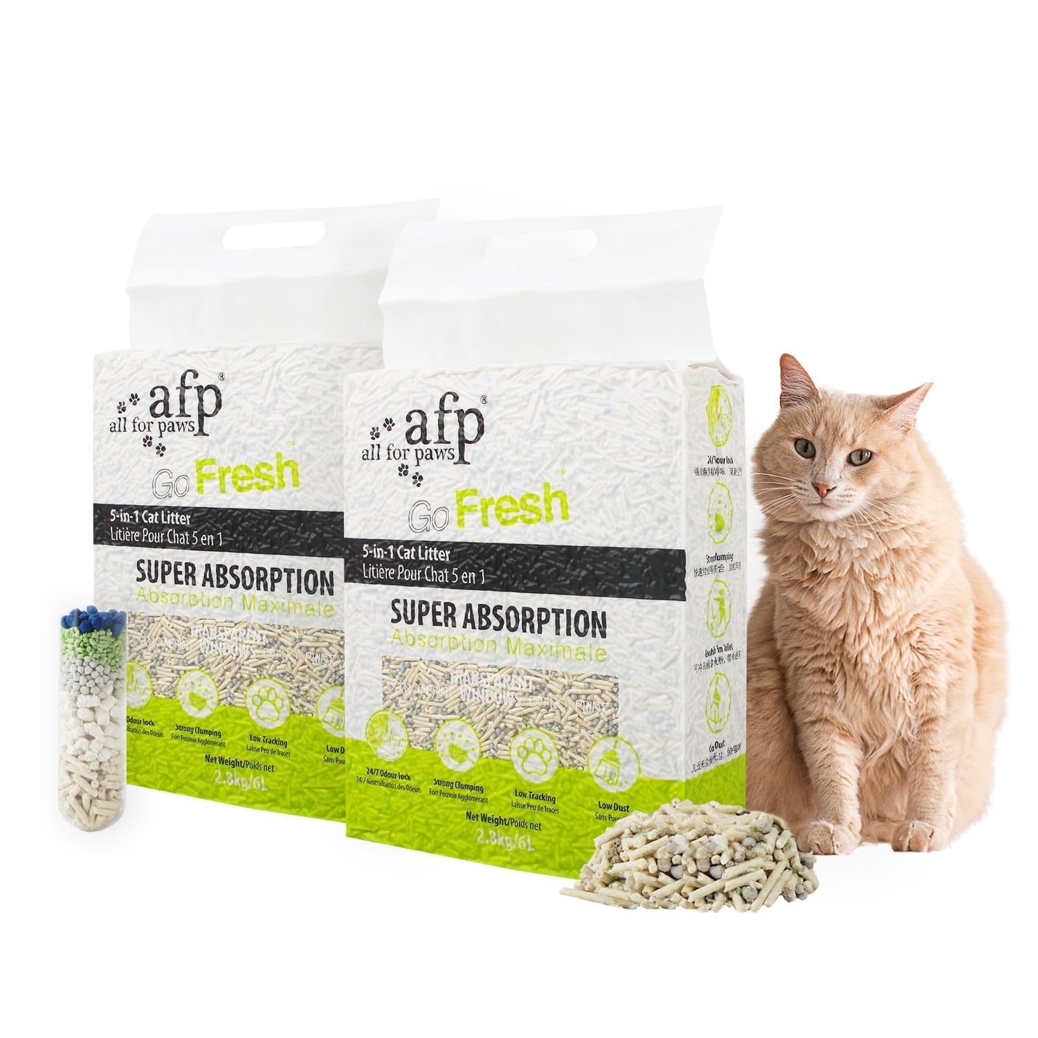 All For Paws Arena mixta para gatos, mejora de la fórmula, rendimiento mejorado, 2 bolsas de arena para gatos 5 en 1 desechables | Arena natural para gatos de tofu