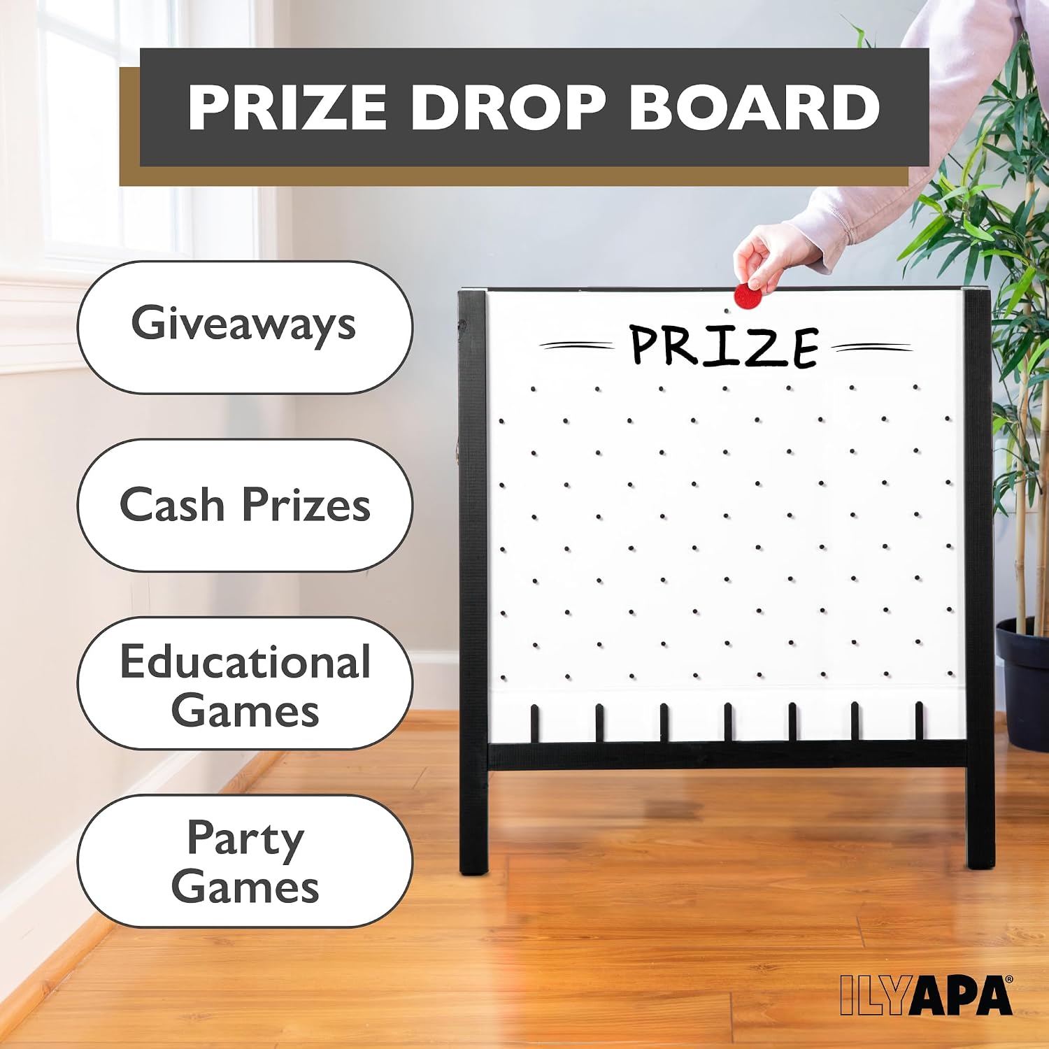 Ilyapa Large Portable Prize Drop Game - 41x27.5 Inch Double Sided Penny Drop Game, Wooden A-Frame Whiteboard Sign, Eraser & Token Storage Tote