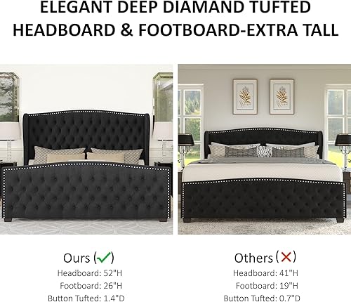Miniatura 4 de AMERLIFE Marco de cama de plataforma tamaño King cama tapizada de terciopelo con botón profundo y ribete de cabeza de clavo cabecera trasera con ala