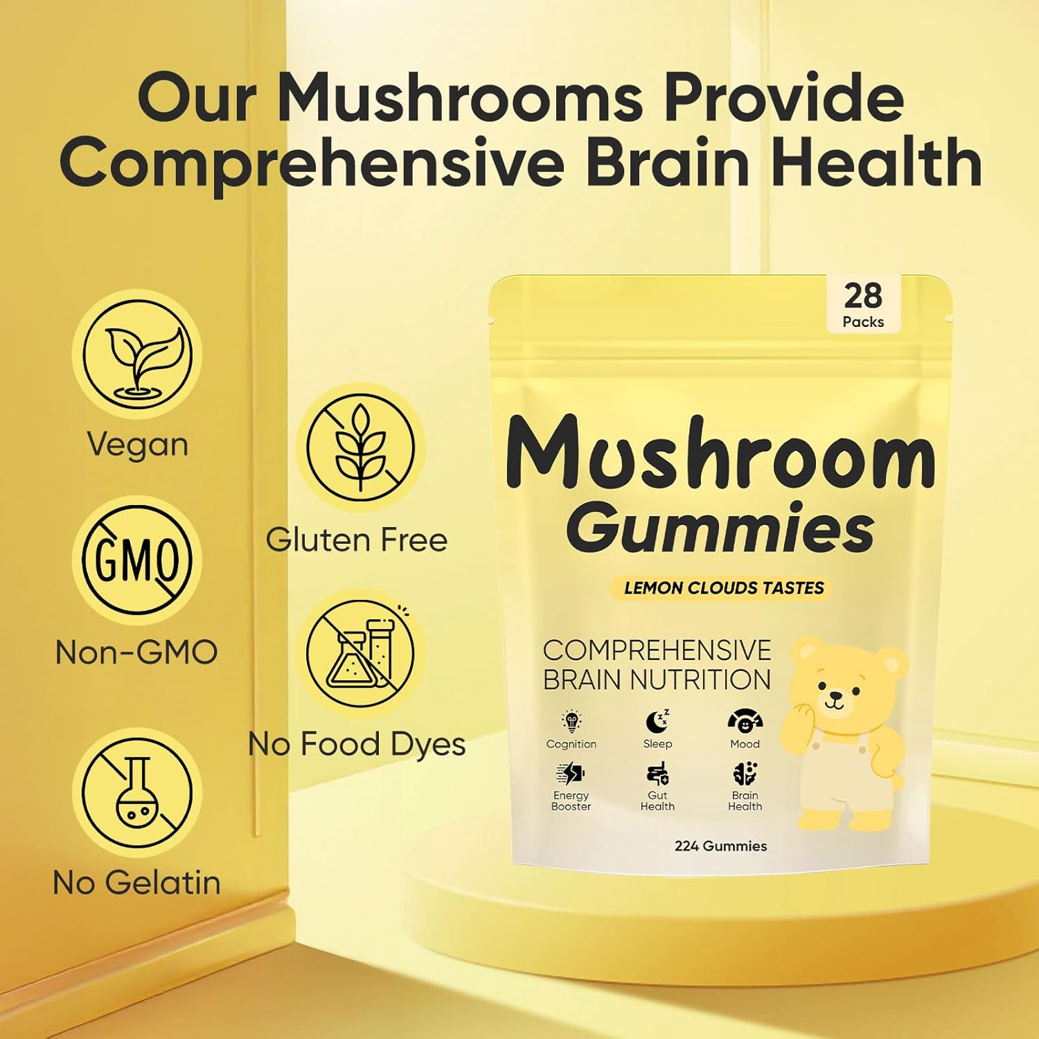 71z3zhtbRiL._AC_SL1500_ Lions Mane Mushroom Gummies – 10,000 mg Adaptogenic Mushroom Complex per Serving, Vegan, Low Sugar/Sugar-Free, Brain & Focus Support Supplement, 28 Daily Sachets