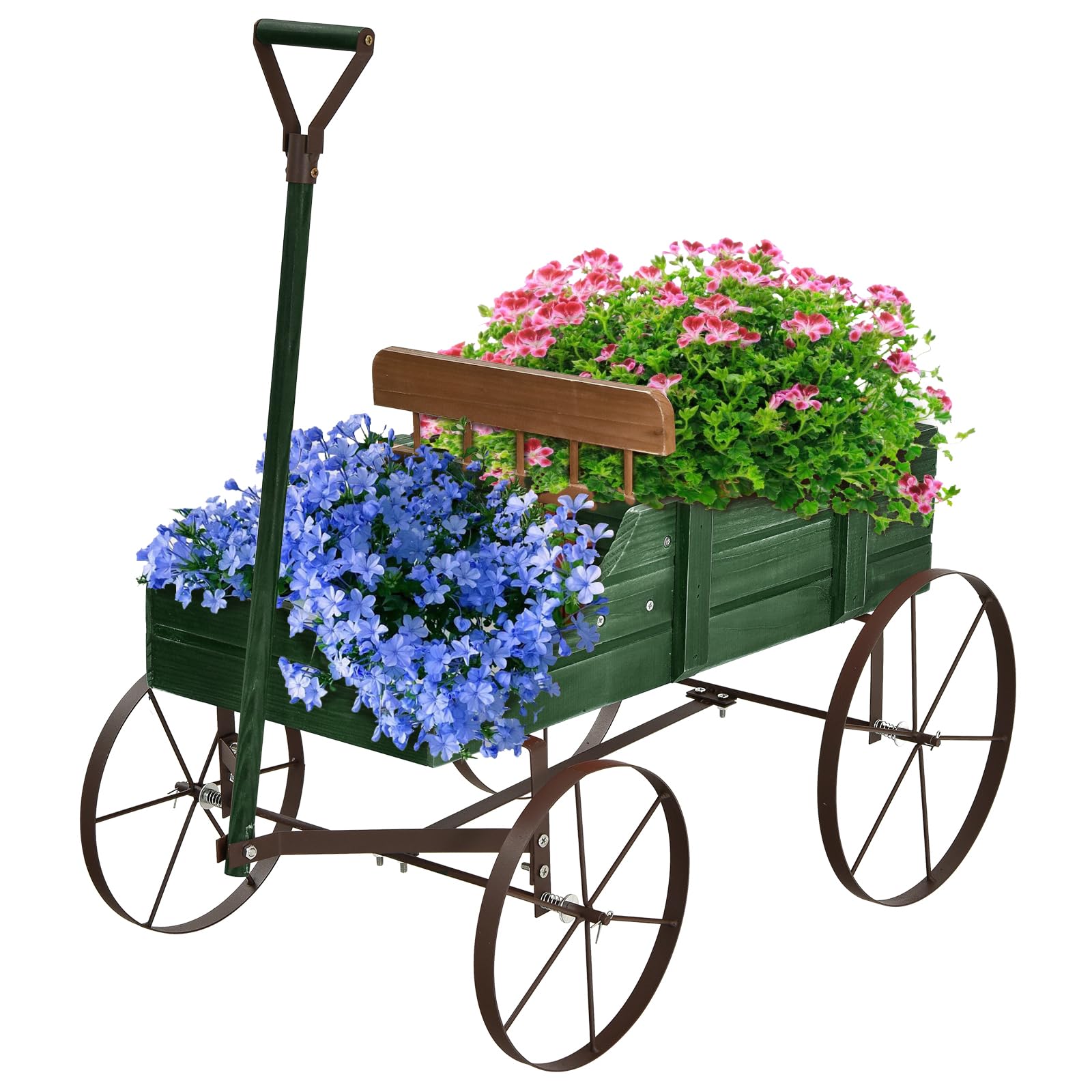 HOMASIS Carriola da Giardino in Legno, Carretto per Piante con Ruote Metalliche e 2 Scomparti, Vaso a Forma di Monociclo Decorativo per Giardino, Terrazza, Patio, 63x35x62,5cm (Verde)