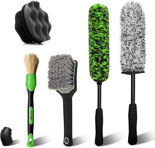 YeewayVeh 5PCS Pro Wheel Detailing Kit | 360° Bendable Rim Cleaner Brush, Premium Boar Hair Brush & Tire Shine Applicator | Microfiber Scratch-Free Wheel and Tire Brush Set for Cleaning Wheels,Tires