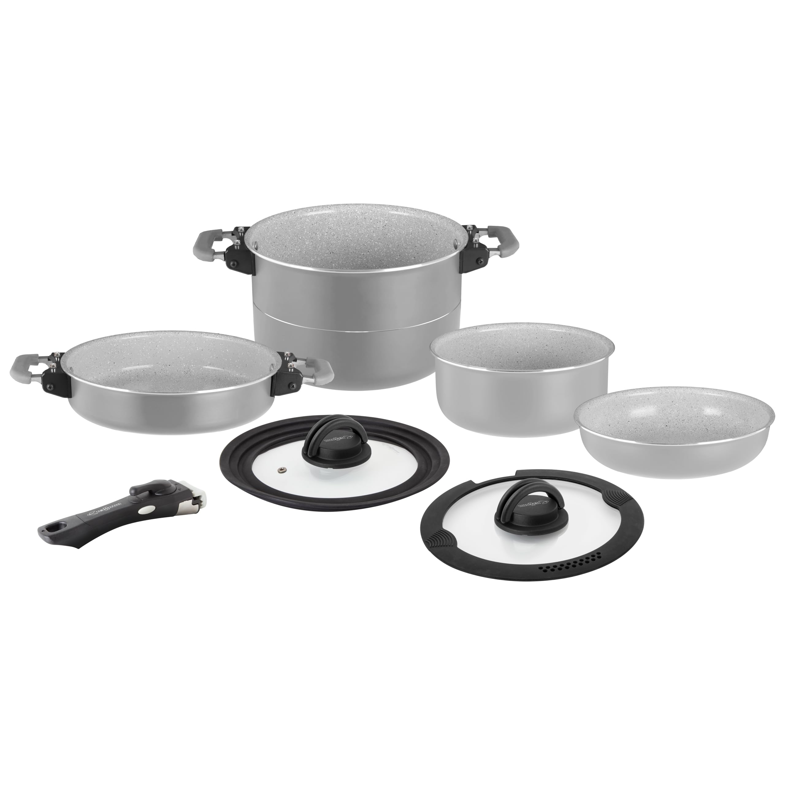 Brunner Fusion Magnetogrip 7+1 Cookware Set – Induction-Compatible Non-Stick Ceramic Pots & Pans for Campervan, Caravan & Boat – Stackable Space-Saving Design with Fold-Down Magnetic Handles (20cm)