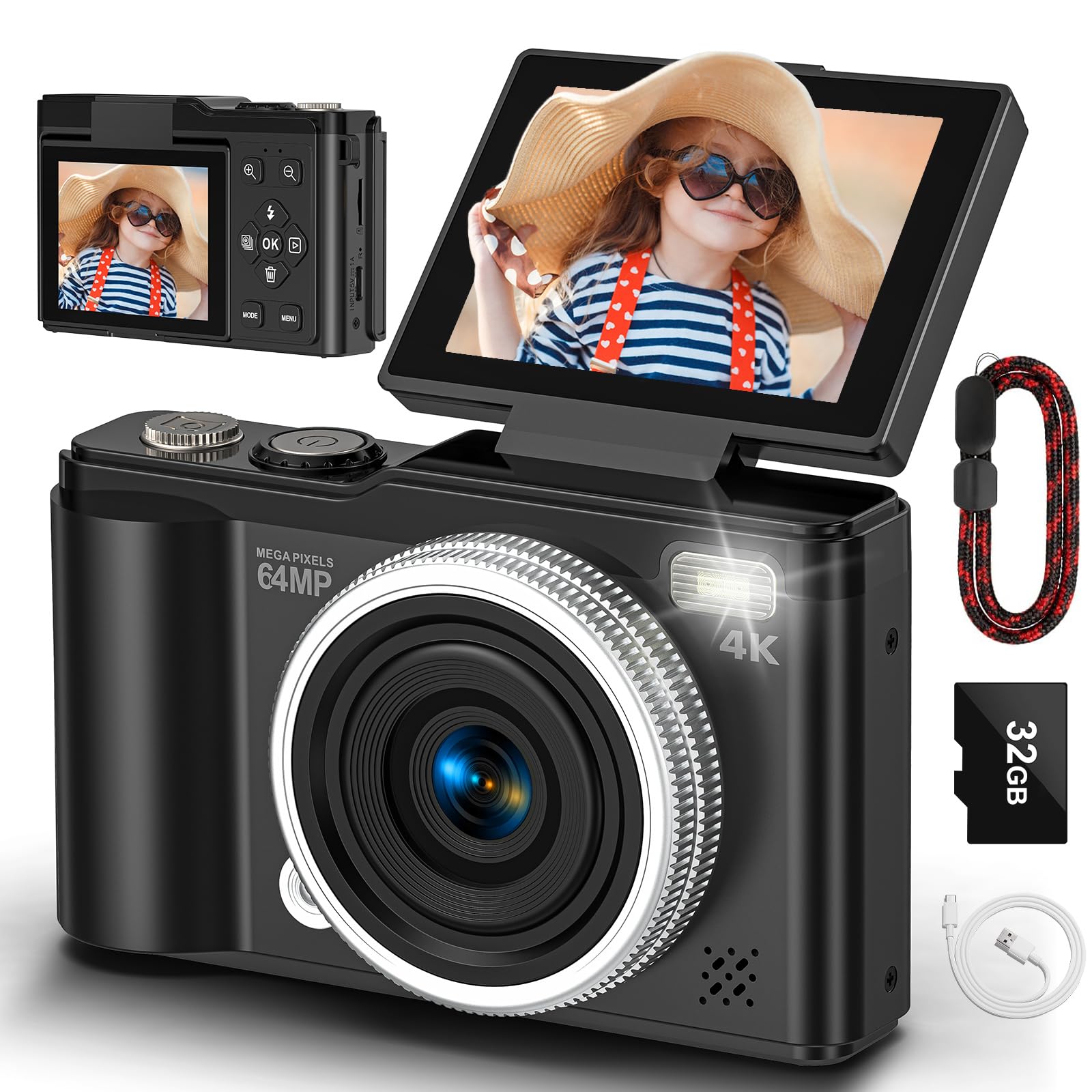 Digitalkamera, 4K 64 MP Kompakt-Digitalkamera mit Autofokus und Makrofunktion, 180°-Klappbildschirm, tragbare Selfie-Kamera für Fotos und Videos mit 32 GB SD-Karte für Anfänger und Jugendliche