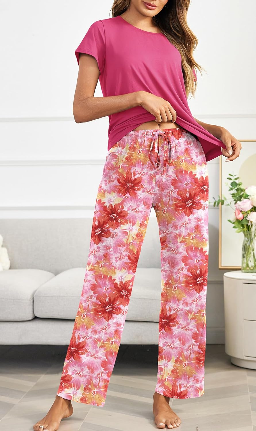 Ekouaer Pajama Sets for Women Round Neck Pjs Short Sleeve Sleepwear with Long Pants Loose Lounge Sets - Image 2