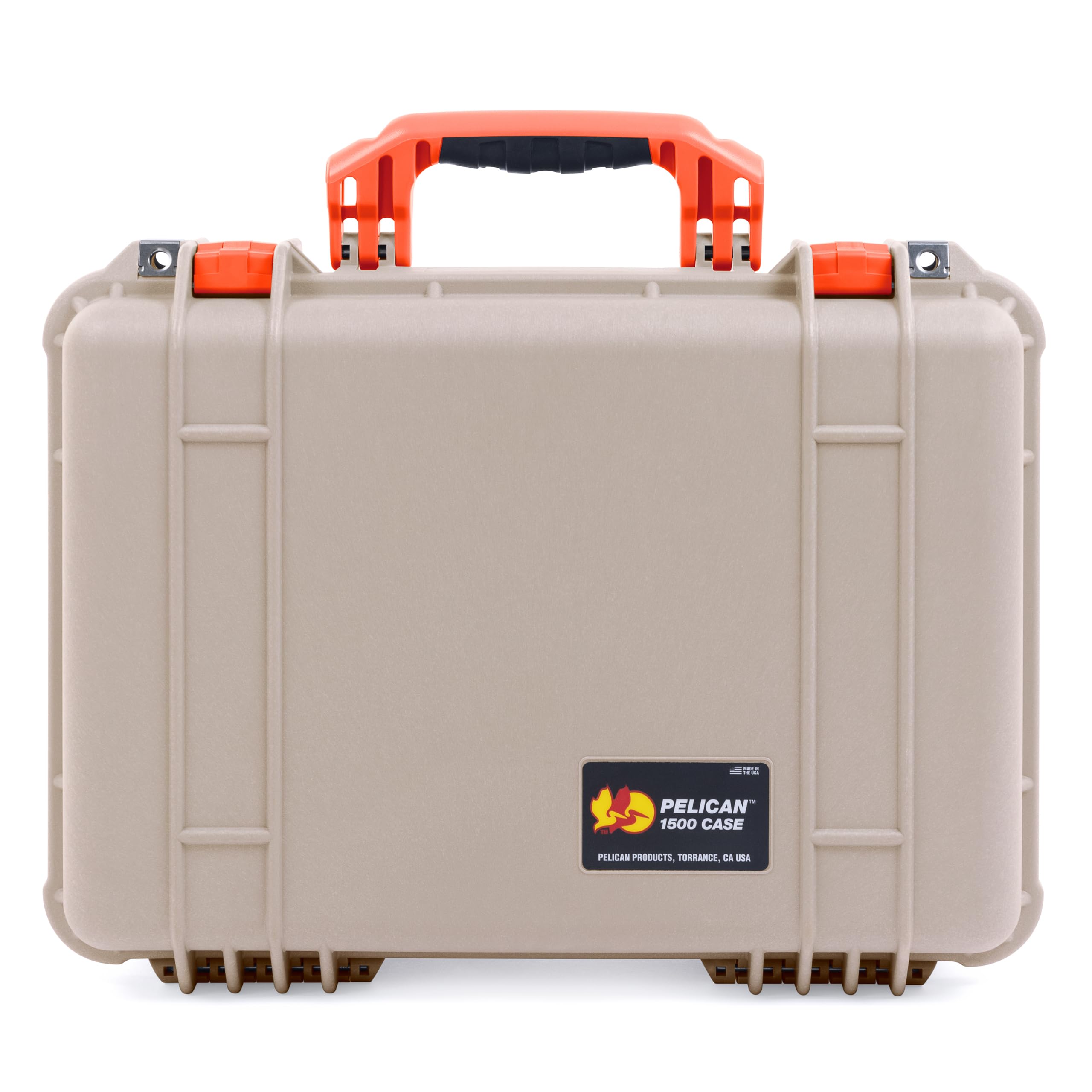 ColorCase Pelican 1500 Case Desert Tan - Medium Size Waterproof Case with Gray Divider & Mesh Lid Organizer - Orange Handles & Latches