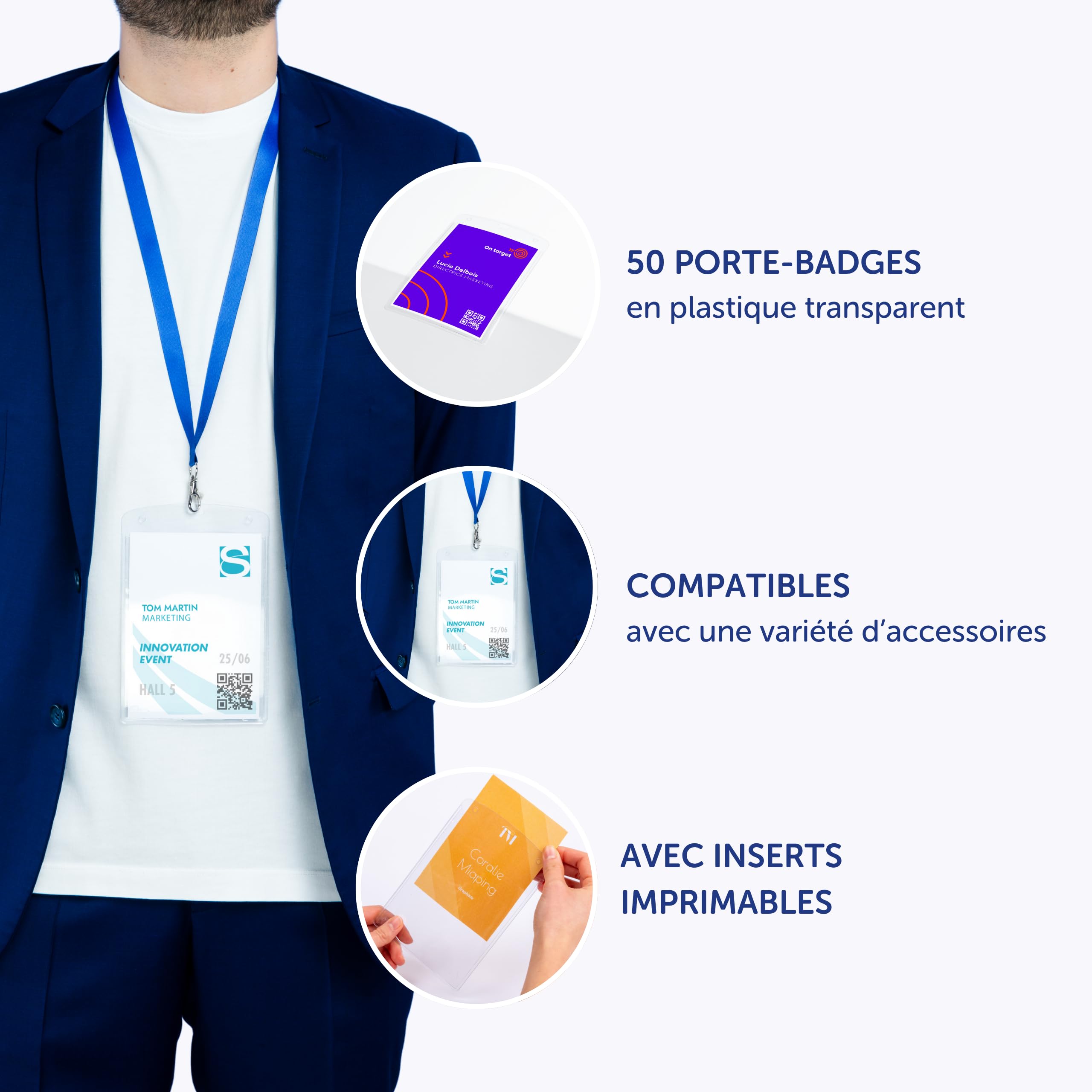 AVERY – 50 Pochettes Porte-Badges Format A6 en Plastique Transparent avec 52 Inserts Microperforés Imprimables – 105 x 148 mm – Compatibles avec Impression Laser et Jet d’Encre